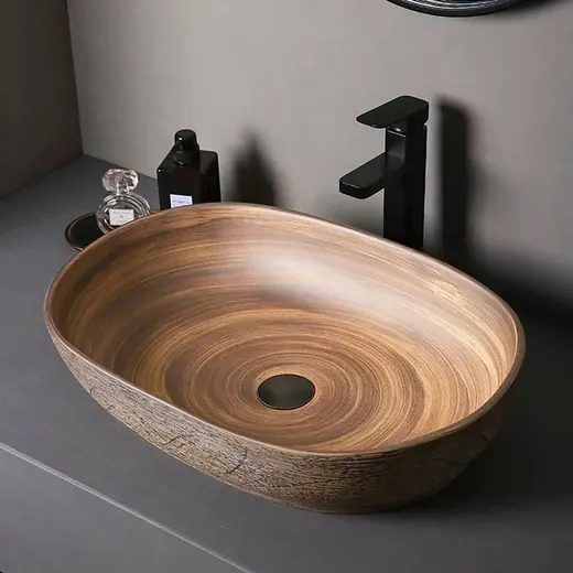 Retro wood-grain ceramic vessel basin