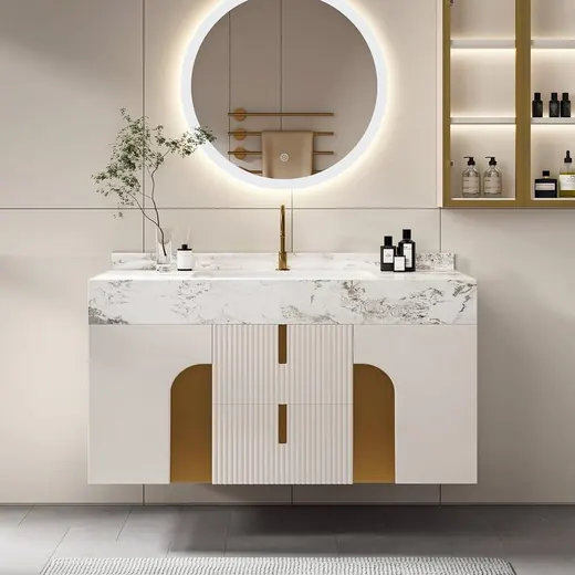Arched floating vanity, sintered stone top