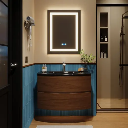 800 curved walnut vanity, one-piece glass basin