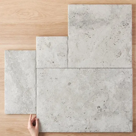 French-pattern travertine-look outdoor tile, grey